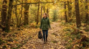 Hiker exploring autumn woodlands in an olive green insulated waterproof parka