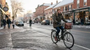 Commuter wearing a charcoal grey waterproof padded coat riding a bicycle in town