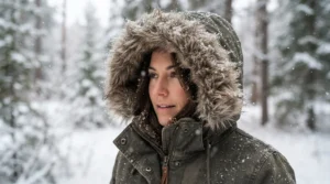 Close-up of a heavyweight insulated waterproof parka hood in snowy weather