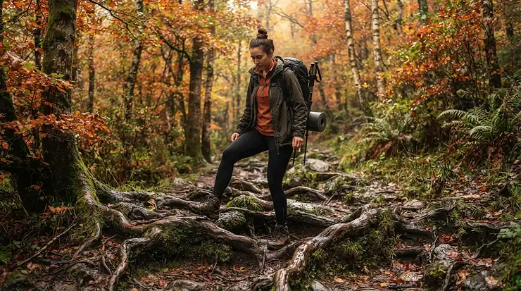 A solo hiker stepping over tree roots in a damp autumnal forest wearing hiking waterproof trousers