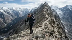 A trekker ascending a steep, windy ridge while wearing breathable hiking waterproof trousers