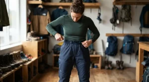 A person adjusting the comfortable elasticated waistband of their hiking waterproof trousers before a trek