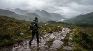 A hiker walking along a muddy Peak District trail wearing hiking waterproof trousers in persistent rain