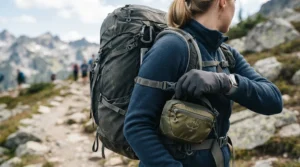 A walker attaching a compression sack containing hiking waterproof trousers to the outside of a backpack