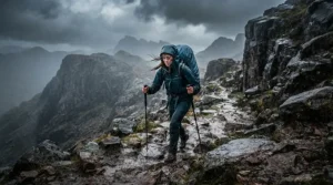 A backpacker navigating a rocky path during a heavy downpour in hiking waterproof trousers