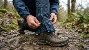 Close-up of hiking waterproof trousers featuring side zippers being adjusted over muddy walking boots