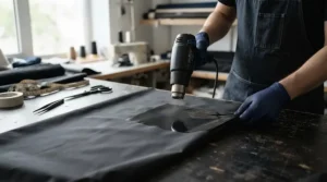 Using a hairdryer to melt and set the wax evenly during how to reproof a wax jacket.