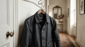 Hanging the newly treated outerwear up to cure during how to reproof a wax jacket process.