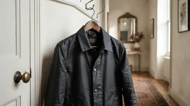 Hanging the newly treated outerwear up to cure during how to reproof a wax jacket process.