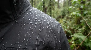 Water beading on a successfully finished coat after learning how to reproof a wax jacket.