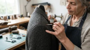 Focusing on seams and corduroy collar details while mastering how to reproof a wax jacket.