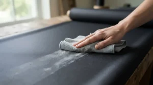 Wiping away excess treatment oil as a final step in how to reproof a wax jacket correctly.