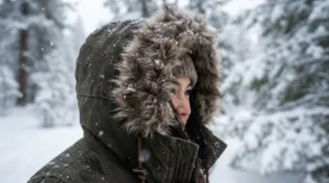 Close-up of a long womens insulated waterproof parka featuring a faux fur trimmed hood