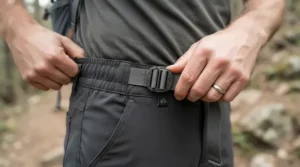 A close-up shot highlighting the adjustable waistband on a pair of men's waterproof trousers.