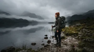 An outdoor enthusiast in men's waterproof walking trousers trekking beside a misty lake in the Lake District.