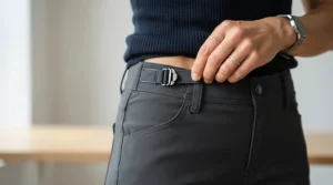 A detailed close-up showing men's waterproof trousers for men sizing and comfortable fit adjustment.