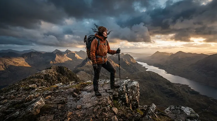 A mountaineer wearing men's waterproof trousers facing strong winds on a Welsh mountain ridge.