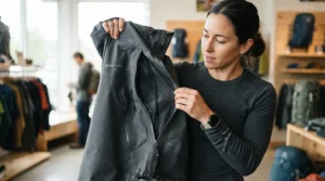 Demonstrating the inner mesh lining and breathability of rain trousers general purpose