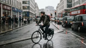 A cyclist wearing rain trousers general purpose during a wet morning commute through London