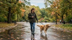 Walking a golden retriever in a muddy park wearing rain trousers general purpose