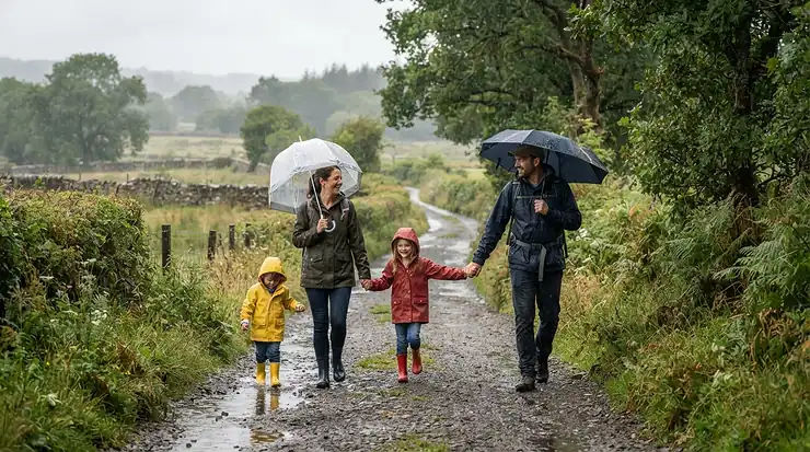 A family enjoying a countryside stroll in heavy downpours wearing rain trousers general purpose