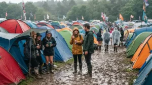 Camping at a muddy music festival field in rain trousers general purpose