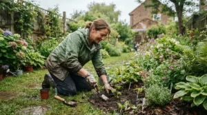 Pruning rose bushes in a damp backyard wearing rain trousers general purpose