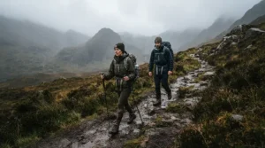 Hikers on a muddy mountain path wearing durable rain trousers general purpose