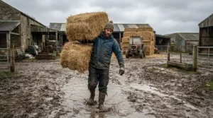 Yard worker in a reliable stable waterproof jacket carrying heavy hay bales across a wet courtyard