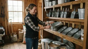 Stable manager organising feed buckets in a tack room wearing a lightweight stable waterproof jacket