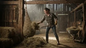 Equestrian filling haynets inside a traditional timber barn wearing a breathable stable waterproof jacket