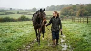 Equestrian leading a rugged-up horse to the morning turnout in a stable waterproof jacket