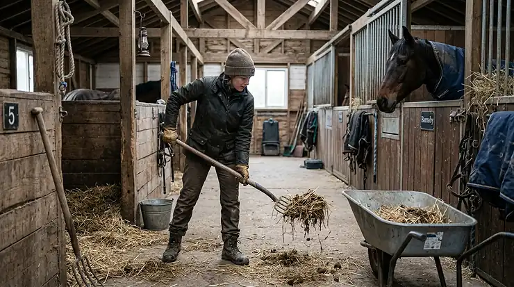 A person wearing a stable waterproof jacket while mucking out a muddy stable on a chilly British morning