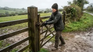 Farmer securing a muddy paddock gate while wearing a tough stable waterproof jacket
