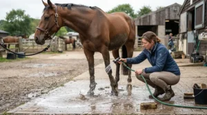 Person wearing a stable waterproof jacket hosing down a muddy horse's legs at the wash bay
