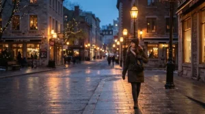 Person in a thermal insulated waterproof parka walking through a lit city square at dusk