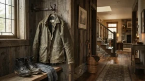 Navy blue waterproof padded coat hanging on a vintage coat rack in a hallway