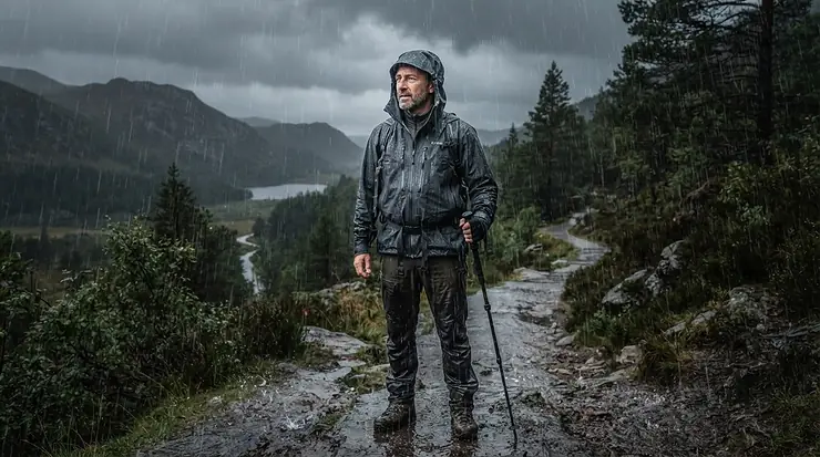 Man in a durable waterproof padded coat standing outdoors during a heavy downpour in the countryside