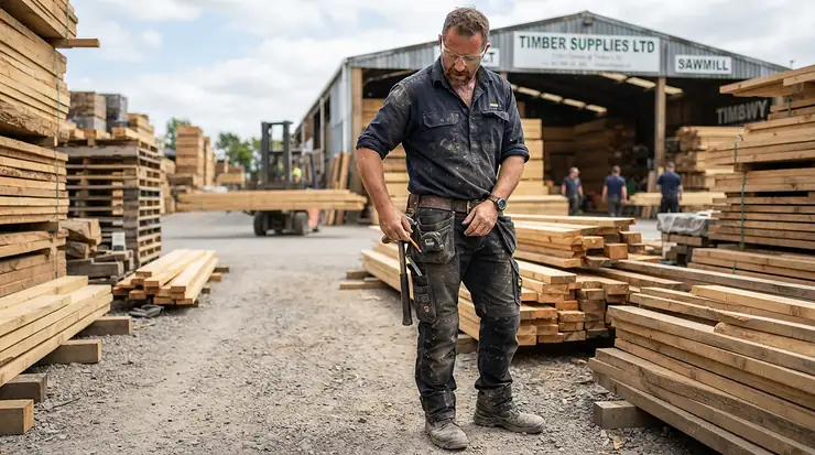 Carpenter accessing utility tools from deep cargo pockets on waterproof trousers for work in a timber yard