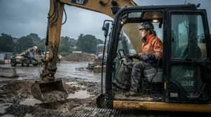A tradesperson wearing waterproof trousers for work while operating heavy machinery on a rainy building site
