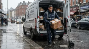 Courier wearing breathable waterproof trousers for work unloading heavy packages from a van in a storm