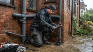 Plumber wearing flexible waterproof trousers for work while fixing an outdoor drainage pipe in wet weather