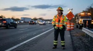 Road maintenance worker wearing high-visibility waterproof trousers for work during a motorway upgrade