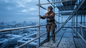 Scaffolder wearing insulated waterproof trousers for work on an elevated platform during a cold morning