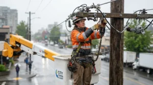 Utility linesman wearing tough waterproof trousers for work while inspecting overhead equipment in a drizzle
