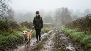 A person wearing a traditional wax jacket walking a dog in the British countryside during a drizzle