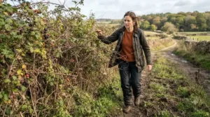 Durable thorn-proof wax jacket brushing past brambles on a rural hedgerow walk