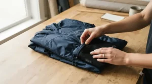 Lightweight waterproof jacket being packed neatly into its own pocket for unpredictable weather