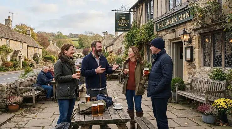 Walkers resting outside a traditional country pub wearing weather-resistant coats after a hike, wax jacket vs waterproof jacket