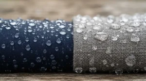 Close-up comparison of water beading on a classic cotton wax jacket versus a modern technical waterproof coat